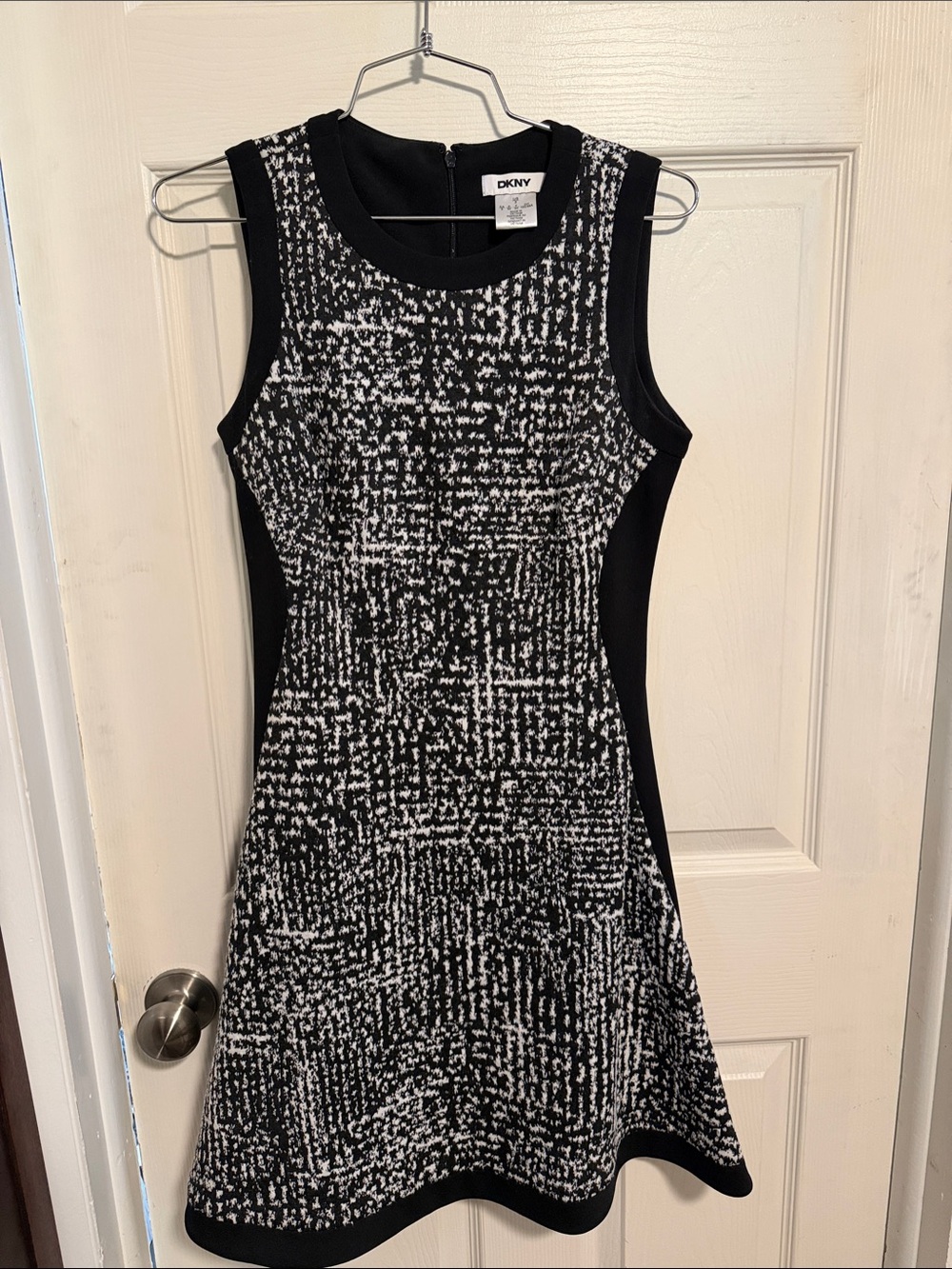 DKNY Black and White Textured Fit-and-Flare Dress